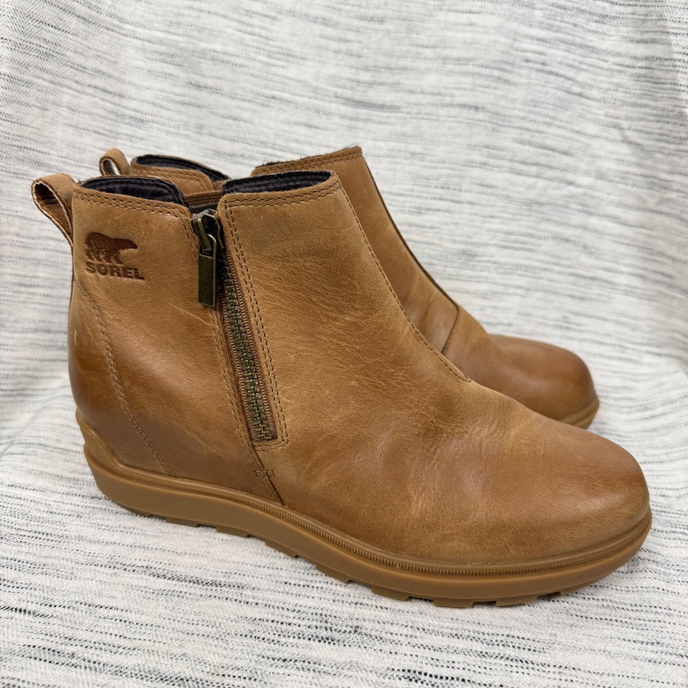 Sorel Joan of Arctic Brown Leather Hidden Wedge Ankle Booties Zip Minimal Winter